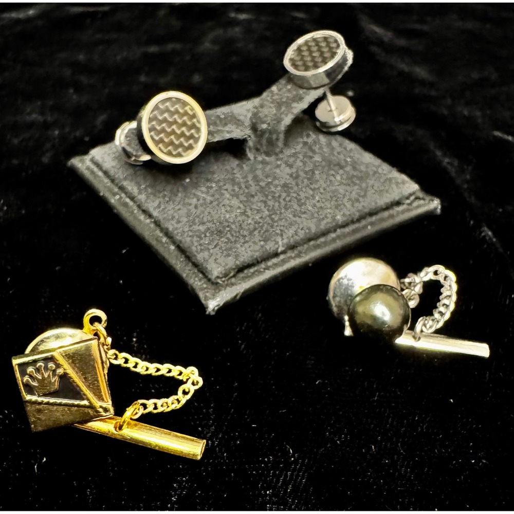 Lot of 3 Mens Tie Tacks Cuff Links SWANK Gold Tone Crown Gray Pearl Formal
